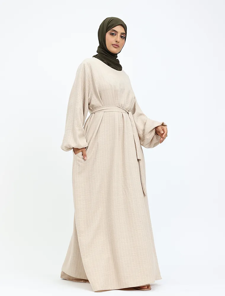 Beige Stripe Linen Feel Essential Abaya